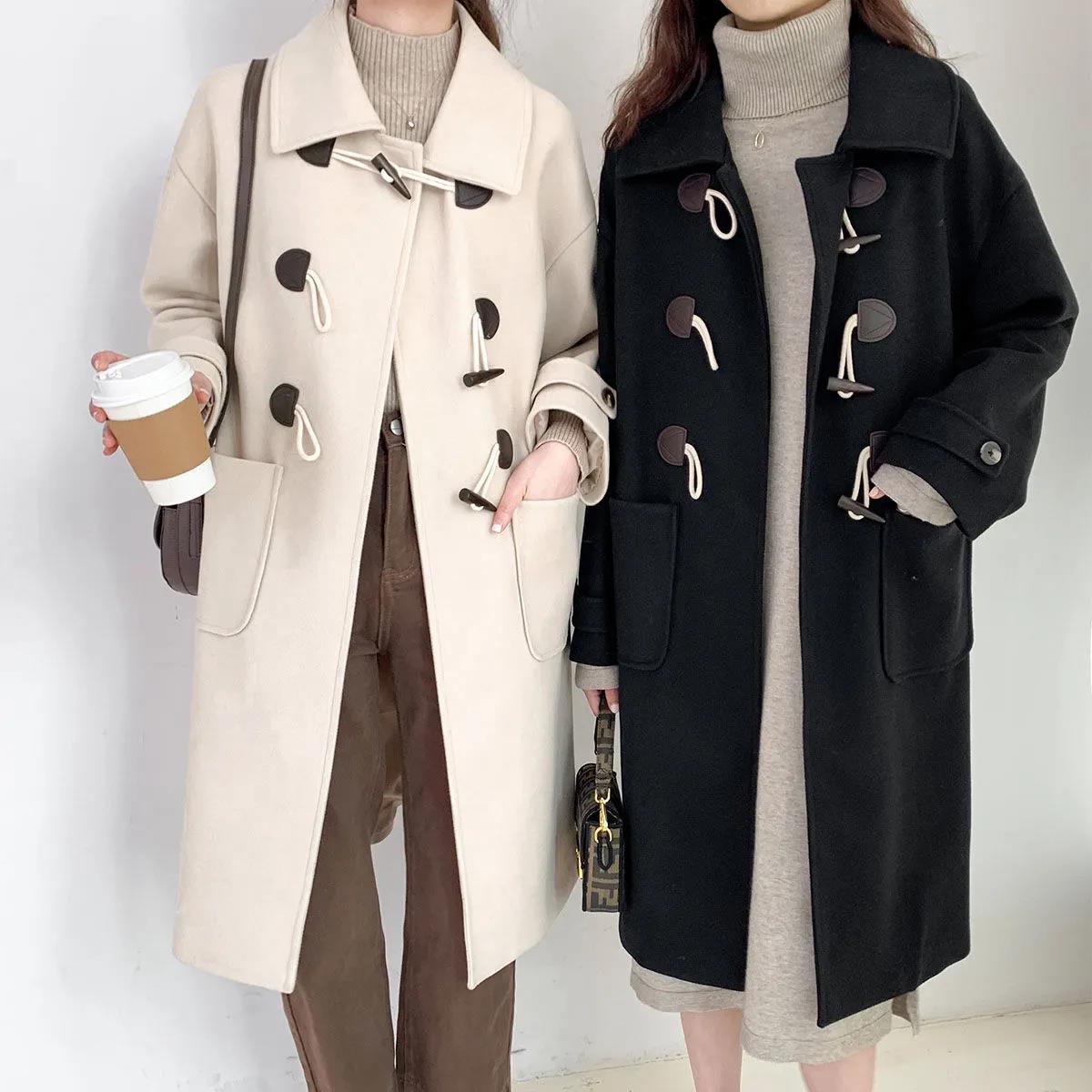 Retro Horn Button Woolen Coat Women's Mid-length 2021 Autumn and Winter Korean Style Thick Woolen Coat