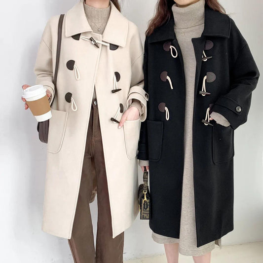 Retro Horn Button Woolen Coat Women's Mid-length 2021 Autumn and Winter Korean Style Thick Woolen Coat