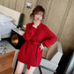 Autumn and Winter Korean Mid-length Red Knitted Sweater Women's Waist Lace Fake Two-piece Blouse