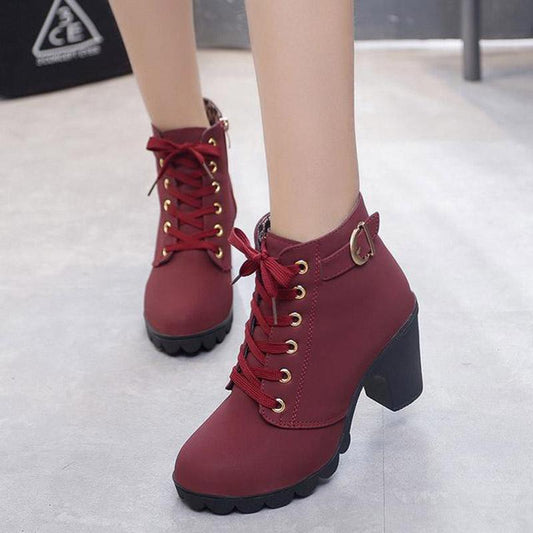 Winter Women Boots PU Leather Fashion High Heels Boots Women Lace-up Martin Shoes Woman
