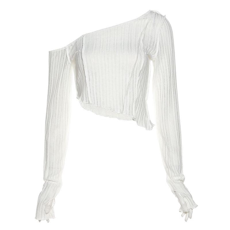 Spring, Summer and Autumn Women's Solid Color Slim Fit Cropped Navel Fashion Irregular Slanted Shoulder Long-sleeved T-shirt