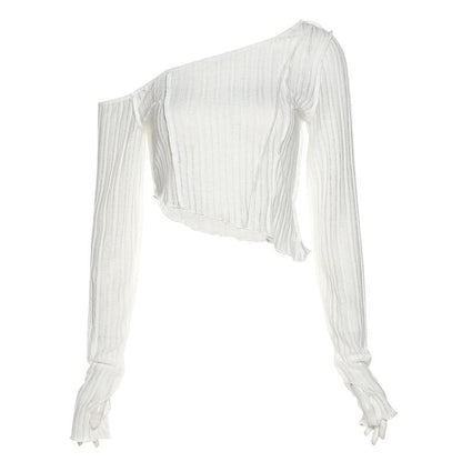 Spring, Summer and Autumn Women's Solid Color Slim Fit Cropped Navel Fashion Irregular Slanted Shoulder Long-sleeved T-shirt