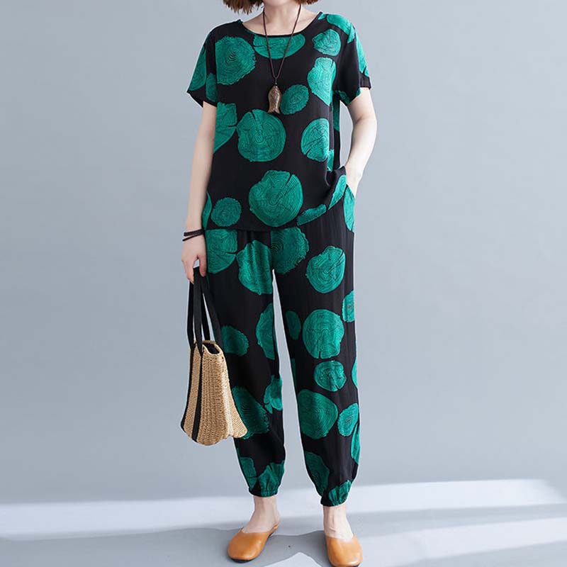 Women Summer Homewear Pajamas Set Short Sleeve Ninth Pants Casual Two Piece Set Print Loose Large Size Top and Pants Comfortable Tracksuirt Pajama Set