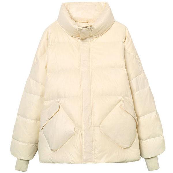 Loose Stand-up Collar Short Down Jacket Women Winter Diagonal Pocket White Duck Down Jacket