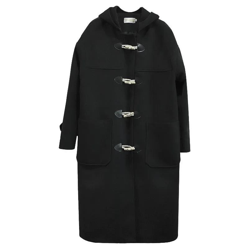Horn Button Woolen Coat Women's Mid-length Autumn and Winter Quilted Thickened Hooded Woolen Coat