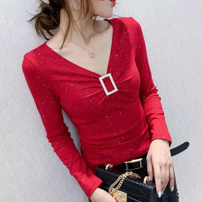 Women's Spring and Autumn Solid Color Long Sleeve Bottoming Shirt V-Neck Slim Top
