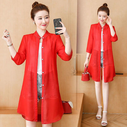 Pure Color Long-sleeved Sun Protection Clothing Women's Mid-length Beach Chiffon Cardigan Thin Coat Fabric Is Light and Breathable