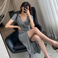 Women's Gray Ice Silk Knit Dress Female Summer Split  Slimming V-neck Maxi Dress Long Maxi Dress  Pleated   Split Dress