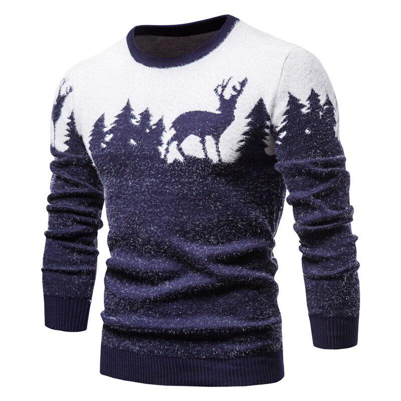 Slim Winter Christmas MensFashion Sweater Christmas Tree Deer Print Sweaters Casual O-neck Male Pullovers Sweaters Pull