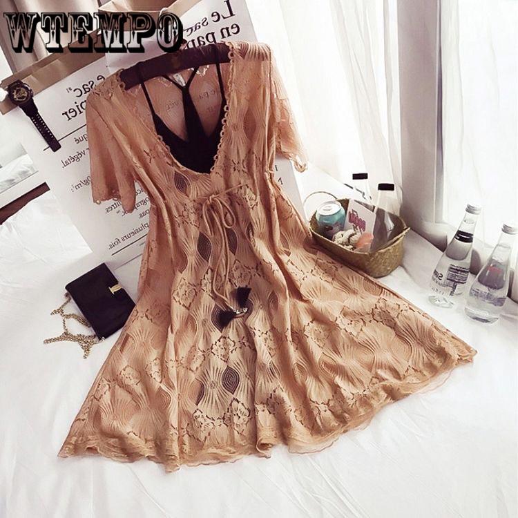 Summer Slim Dress Large Size Women's Fat Woman Lace Hollow Out Sexy Women Lace 2 Piece Beach Dress