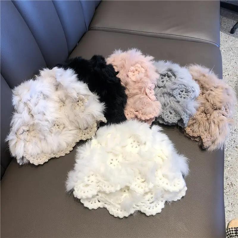 Winter Handmade Crochet Rabbit Plush Knitted Hat Female Korean Style Fashion Warm Pullover Hat