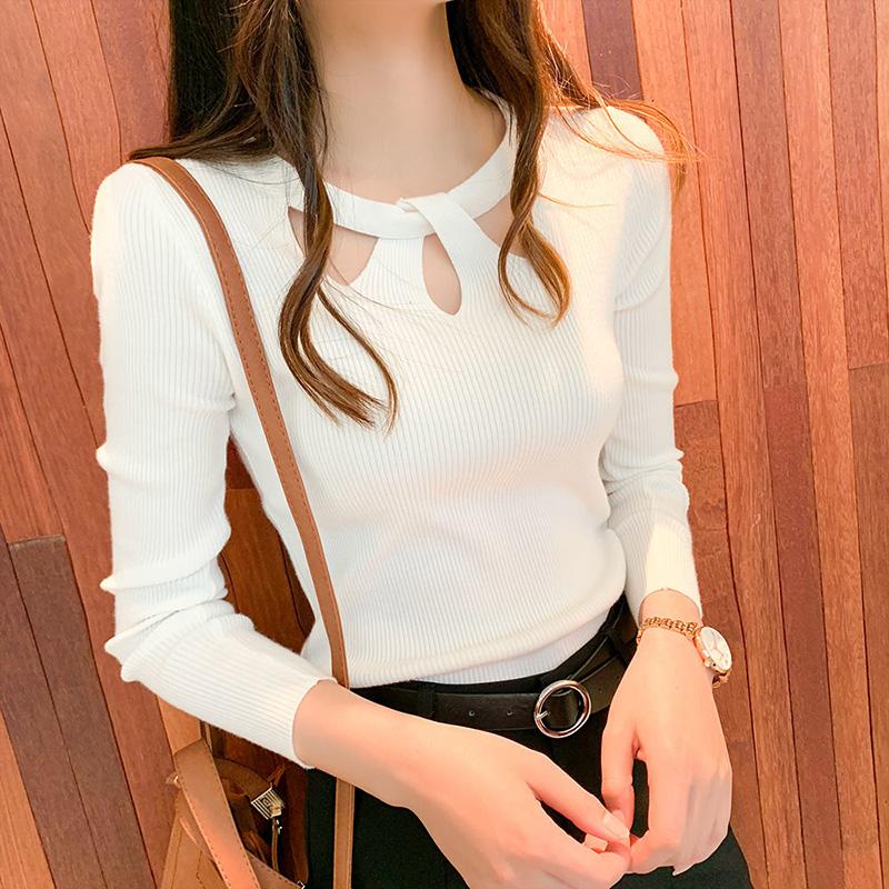Autumn and Winter Korean Version of Slim Sexy Pullover Sweater Slim Bottoming Sweater Women's All-match Lining Round Neck Hollow Sweater