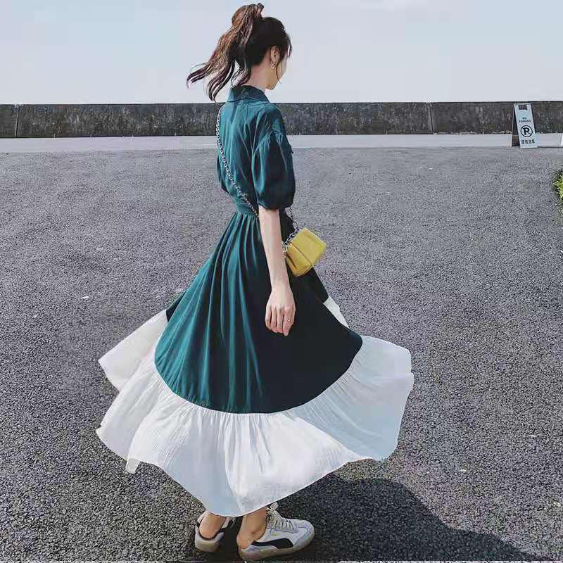 Mid-calf S-XL T-shirt Dress with Belt Loose Turn-down Collar Casual Irregular Ruffle Hem Dress