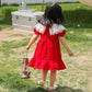 Girls Red Dress Summer Dress Children Summer Puff Sleeve Princess Skirt A-Line Dress Round Neck Short Sleeves