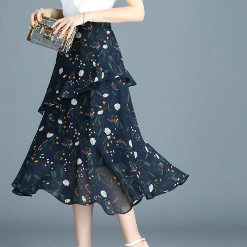 Chiffon Skirt Women's Spring and Summer Mid-length Floral Skirt High Waist Thin Irregular Ruffled Skirt