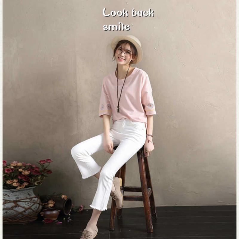 WTEMPO Women's White Flare Jeans Stretch Slim High Waist Significantly Tall 9-point Pants Casual Jeans