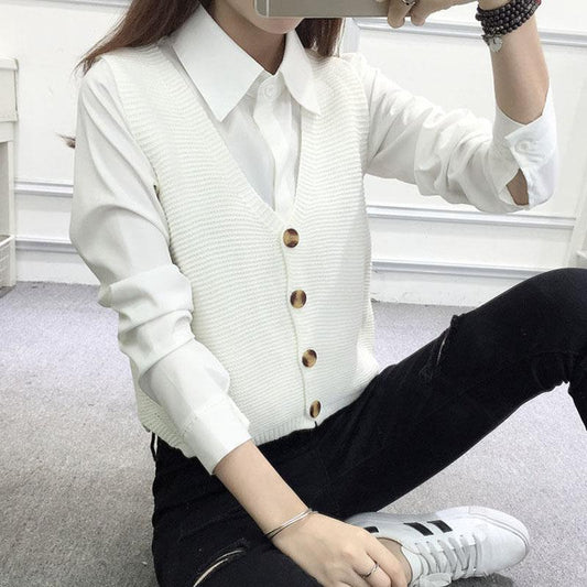 Spring and Autumn Knitted Loose Vest Sleeveless Cardigan Sleeveless Sweater V-neck Short Women's Top