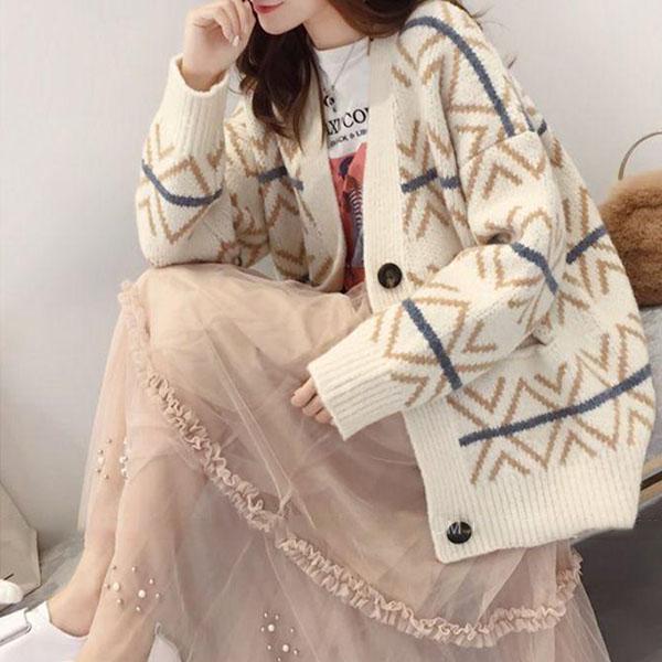 Women Vintage Printed Checked Sweater Cardigan with Pockets Outerwear Casual Thick Knitted Jacket Coat