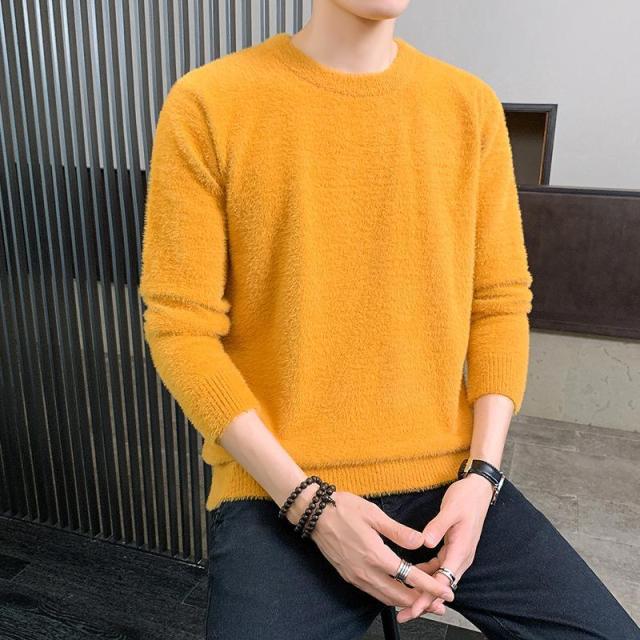 Fall/Winter Men's Sweater Base Sweater Imitation Mink Fleece Warm Knit Sweater Round Neck Pure Color Casual Loose Pullover