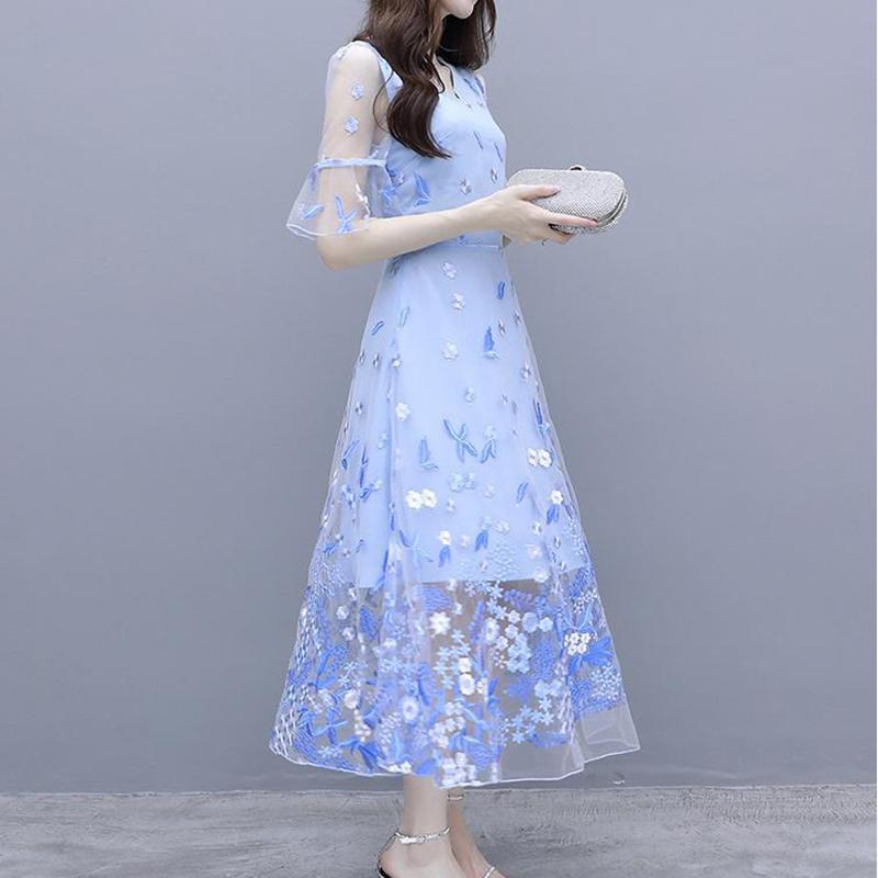 Women's Embroidery Blue Dress Super Fairy Long Fairy Skirt High-end Mesh Skirt Chiffon A-line Floral Dress Fabric Lightweight and Breathable