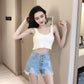 WTEMPO Net Red High Waisted Breasted Denim Shorts Female Summer Retro Slim Thin Hole Sexy Pants Tide