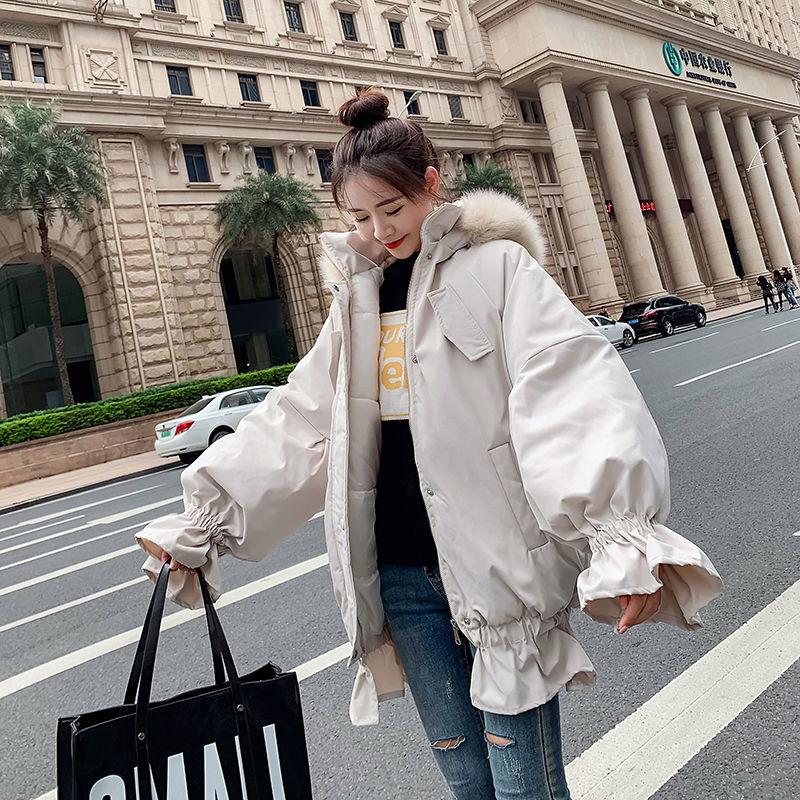Winter Ruffled Thickened Women's Cotton-padded Jacket Mid-length Fur Collar Hooded Cute Rabbit Ears Cotton-padded Jacket Fashion Warmth Parka Coat