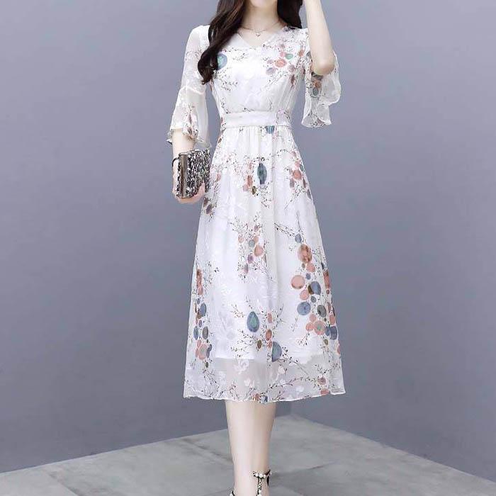 Pofulove Women V-neck White Chiffon Dress Slim Office Lady Sexy Short-sleeved Long A-line Dress
