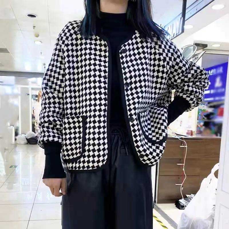 Round Neck Houndstooth Short Coat Women's Spring and Autumn High-end Foreign Style All-match Long-sleeved Top