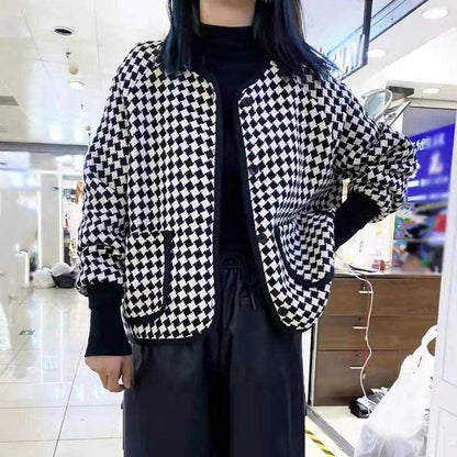 Round Neck Houndstooth Short Coat Women's Spring and Autumn High-end Foreign Style All-match Long-sleeved Top