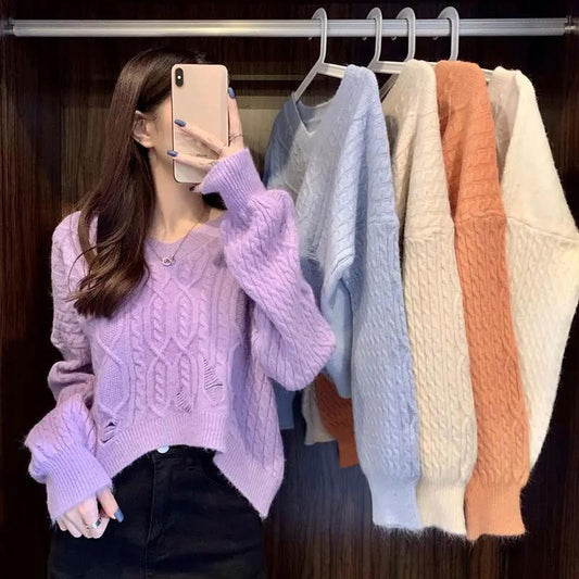 Women's Purple Twist Sweater V-neck Long Sleeve Top Fall and Winter Outer Wear Short Primer Stitch Hole Loose Loose Pullover Lazy Knit Sweater Top