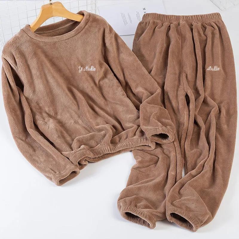 Women Warm Pajamas Suit Winter Home Wear Coral Fleece Thick Velvet Sleepwear Top and Pants Set Pullover O Neck Casual Loose Long Sleeve Flannel Pyjama