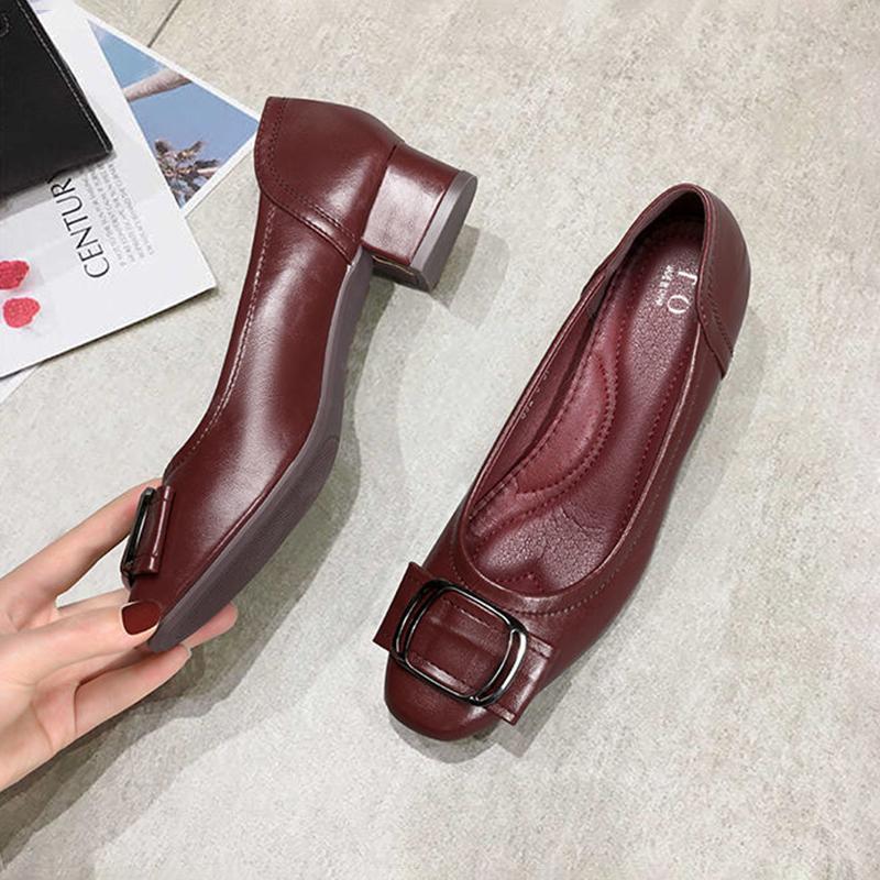 All-match Shallow Mouth Thick Heel Single Shoes Women Soft Leather Grandma Shoes Mid-heel Women Leather Shoes Women Work Shoes