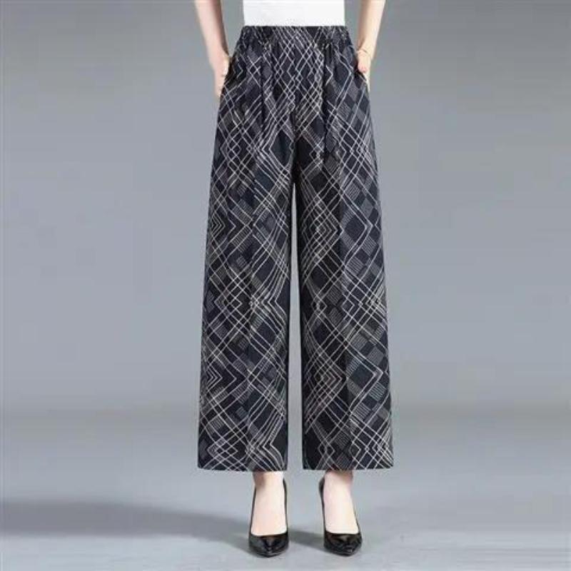Cotton Silk Pocket Wide-leg Pants, Floral Pants, Nine-point Casual High-waist Rayon Trousers