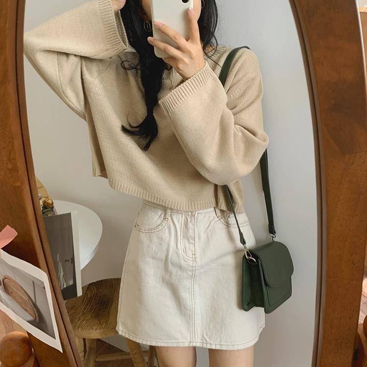 Pofulove Autumn Winter Wild Long-sleeved Pullover Sweater Female Students Short Loose Base Coat