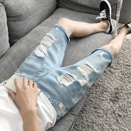 Denim Shorts Men's Summer Five-point Pants Men's Slim-fit Ripped Jeans Slim-fit Five-point Pants