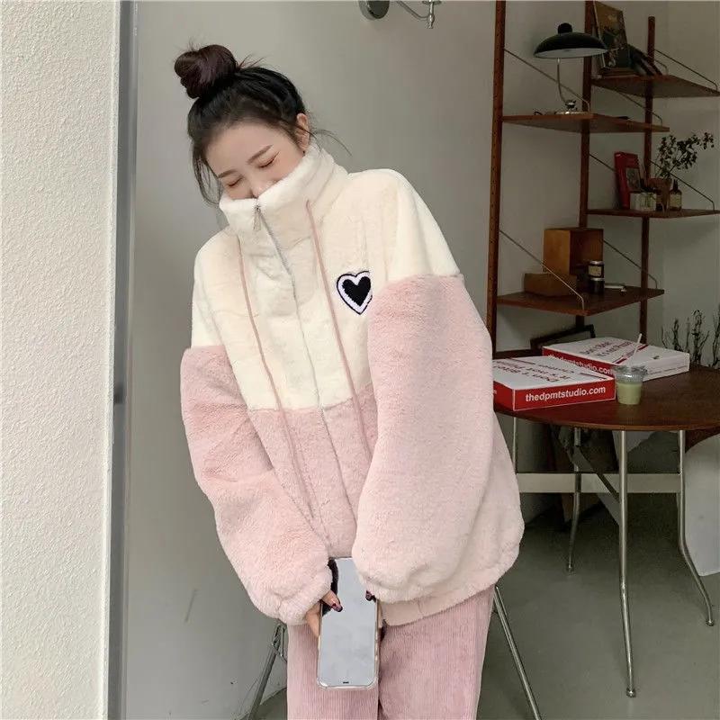 Women's Winter Lamb Wool Coat Lazy Wind Girl's Loose Cotton Coat Thick Plush Stitching Sweater Casual Warm Cotton Clothes Home Clothes Oversized Coat