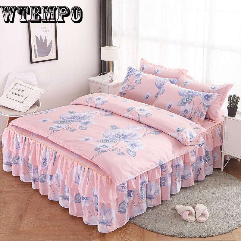 Lace Decoration Non-slip Bed Skirt Queen Size Bedding Set Bedsheet Bedcover Pillowcase Home