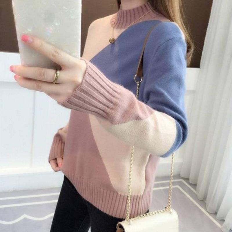 Pofulove color matching trendy long-sleeved loose sweater pullover sweater half turtleneck sweater