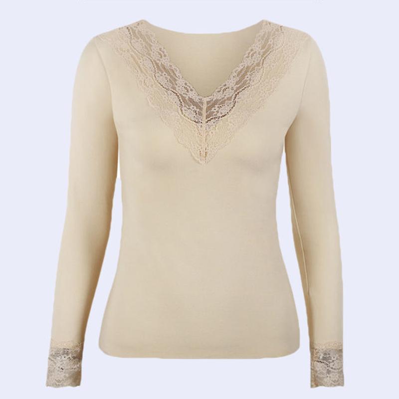 Women Winter Autumn Warm Thermal Underwear Lace V-neck Tops Female Tight Thicken Windproof Comfortable Soft Lining Long Sleeve High Elasticity Slim