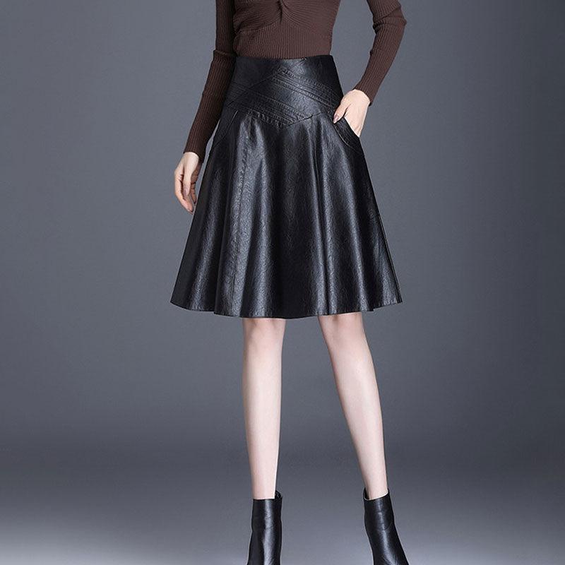 Black Ladies PU Leather Skirts Women Casual High Waist Zipper Solid Female Knee-length  A-Line Skirt with Pocket