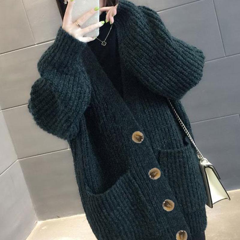 Plus Size Mid-length Loose Knitted Cardigan Sweater Coat Women Fashion Large Pocket Sweater