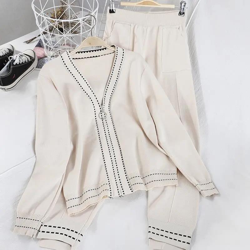 Women Knitted Tracksuit V-neck Sweater Casual Suit Autumn Winter 2 Piece Set Knit Pants Sporting Suit Femme Clothing