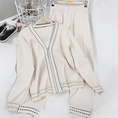 Women Knitted Tracksuit V-neck Sweater Casual Suit Autumn Winter 2 Piece Set Knit Pants Sporting Suit Femme Clothing
