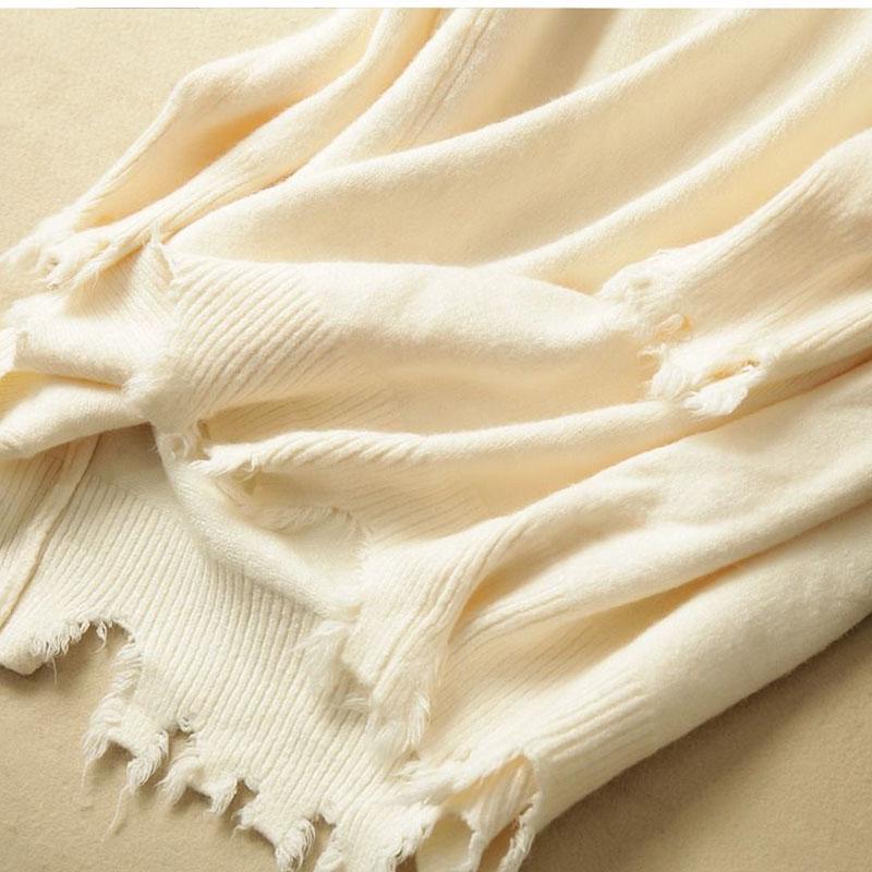 Autumn  Winter Women's Mid-length Sweater Ripped Tassel Sweater Casual Loose Knit Sweater Dress Outer Wear