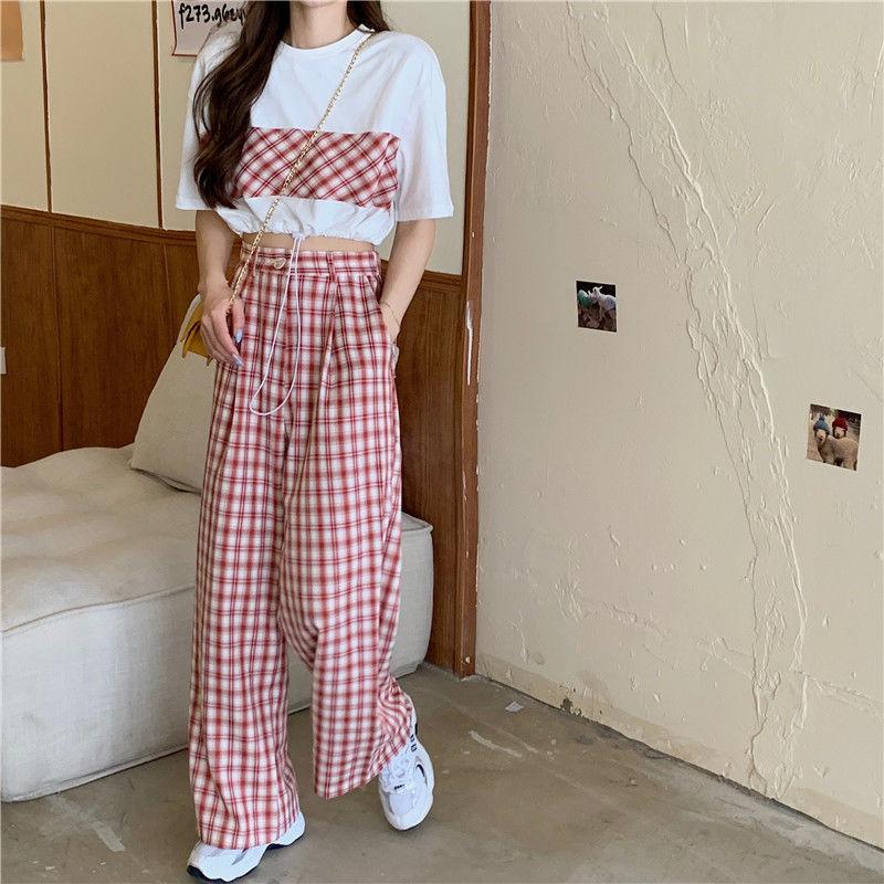 Two-piece Suit Women Summer Fashion All-match Short-sleeved T-shirt Loose Plaid Wide-leg Pants Casual  Comfortable
