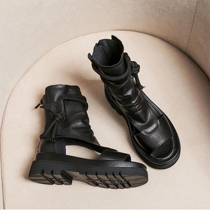 Women's Soft Leather Flat Sandals Platform Fish Mouth Sandals Mid-heel Casual High-top Roman Shoes