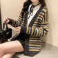 Autumn and Winter Retro Striped Knitted Sweater Loose Cardigan Large Size Blouse Elegant Jacquard Young and Middle-aged Ladies Jacket