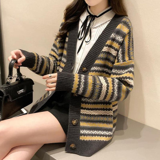 Autumn and Winter Retro Striped Knitted Sweater Loose Cardigan Large Size Blouse Elegant Jacquard Young and Middle-aged Ladies Jacket