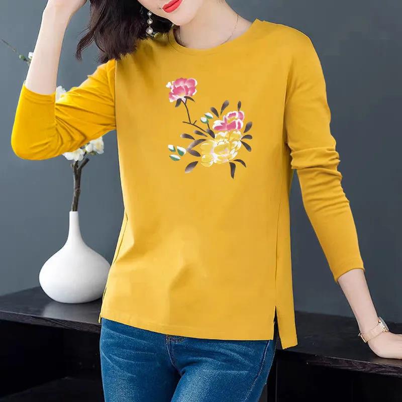 Women Cotton T-shirt Casual Slit Top Peony Print Pullover Long Sleeve Bottoming Shirt Spring