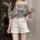 Ruffled Denim Casual Shorts Women's Summer High Waist Thin Loose Black and White Wide-leg A-string Pants